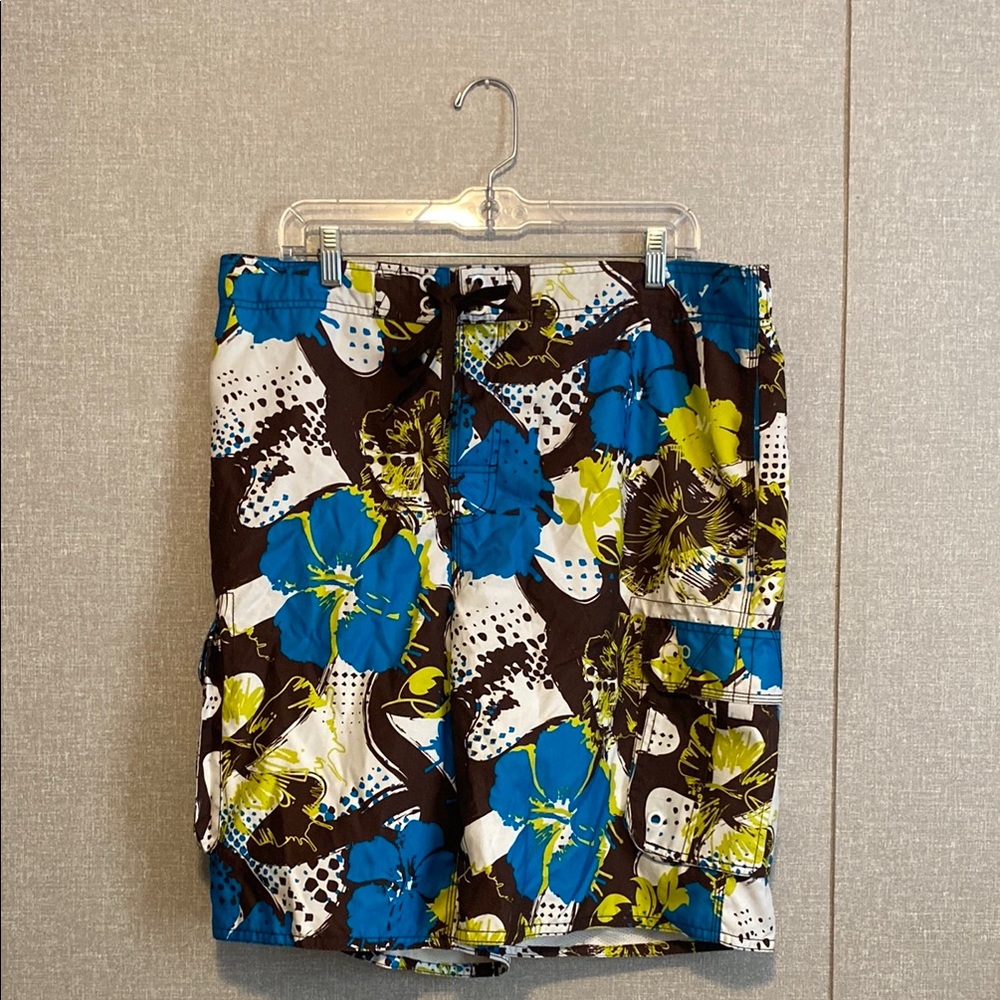 OP Ocean Pacific Men’s Floral Swim Board Shorts Turquoise Blue, Brown & White